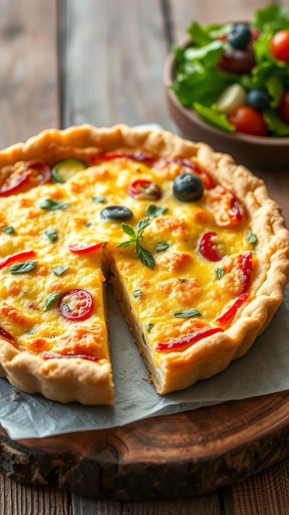 A slice of Bisquick quiche with vegetables and cheese on a rustic table, garnished with herbs.